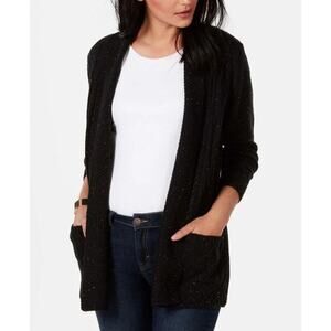 NY Collection Womens Petite Open Front Shawl Collar Cardigan Black Multi PXL $60